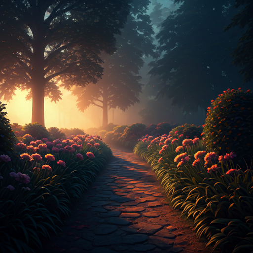 Cinematic wide shot of a misty dark garden at twilight with soft golden glows