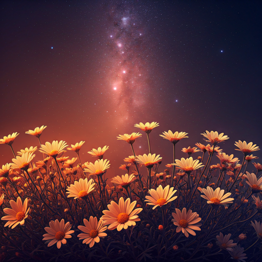 Dreamy midnight garden with soft glowing amber daisies
